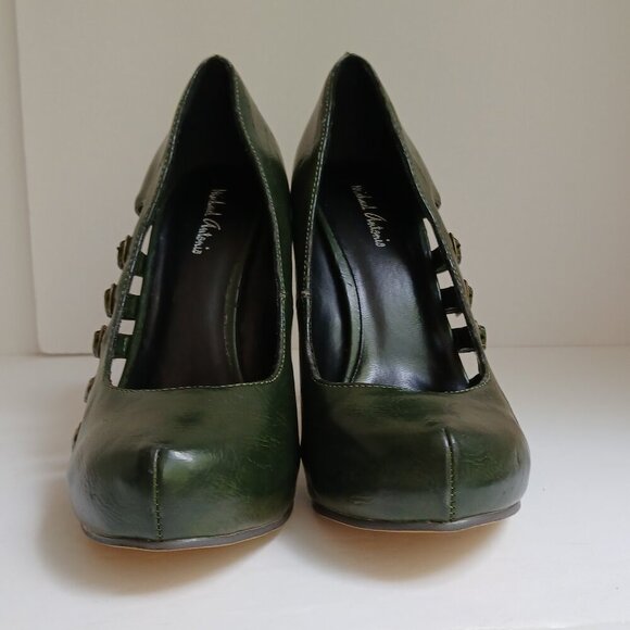 Y2K  Green Leather Multi Cut Out Buckle Accents Hidden Platform Stilettos Sz 7.5 - Picture 3 of 8